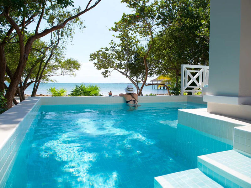 Person in a pool overlooking a beach with trees and a gazebo; Naia, Placencia, Belize plunge pool