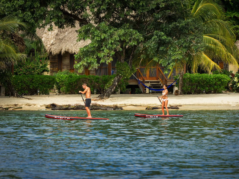 Two people paddleboarding on a calm body of water with tropical vegetation and huts in the background; Turtle Inn, Placencia, Belize