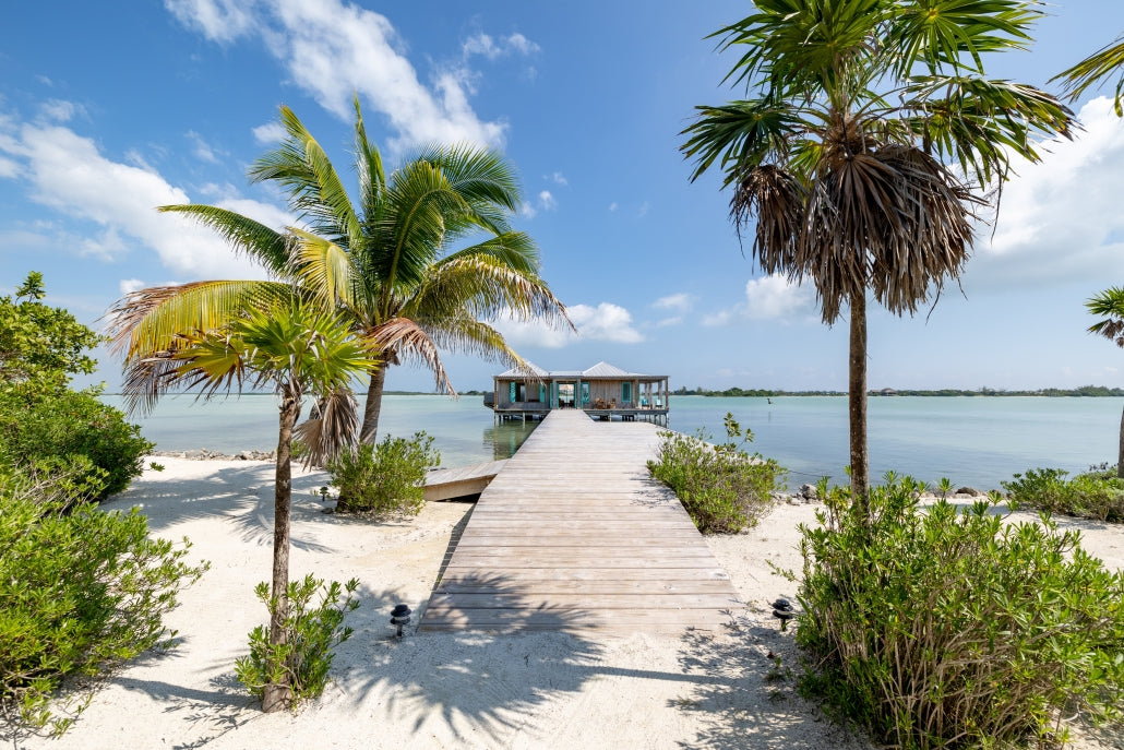 Beach scene with a wooden dock leading to a houseboat, palm trees, and clear blue sky; Casa Ventanas Cayo Espanto Belize