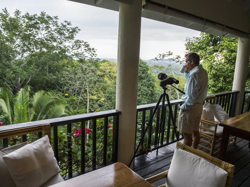 Man on a balcony with a telescope, looking out over greenery; Copal Tree Lodge, Punta Gorda, Belize
