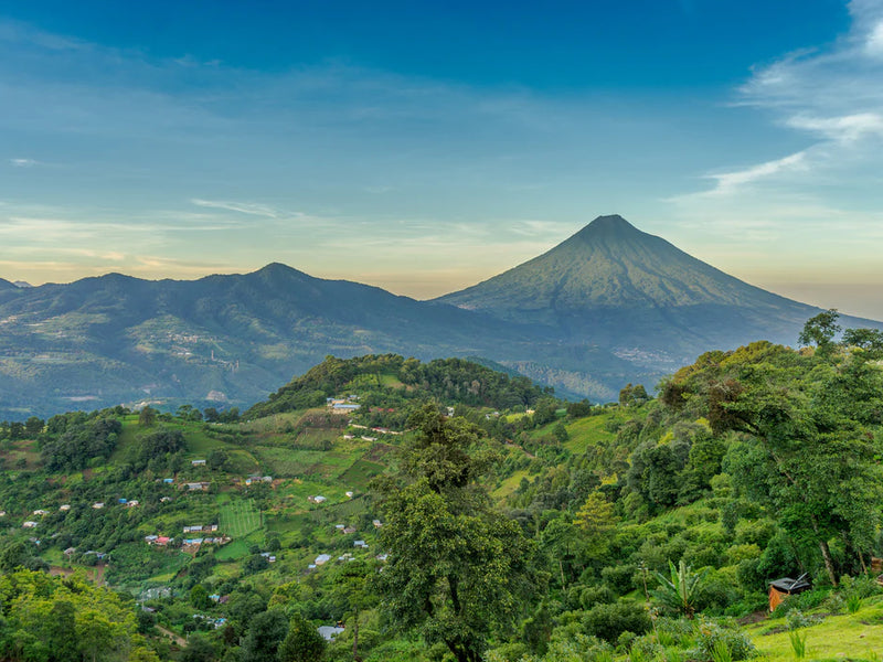 Scenic view of a mountain range with green valleys and trees under a blue sky. Antigua, Guatemala.