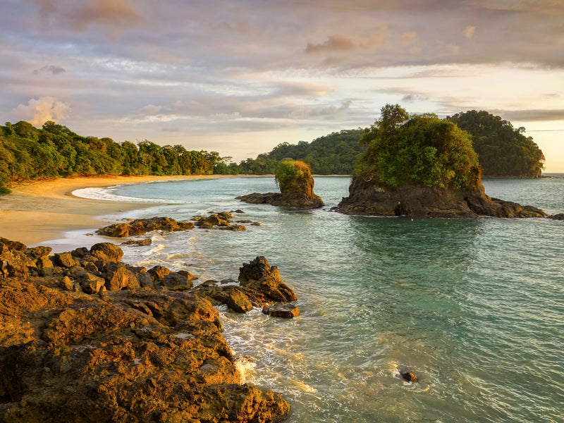 Beach scene with rocky outcrops and trees at sunset; Manuel Antonio Costa Rica