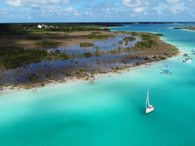 Mexico Bacalar catamaran aerial