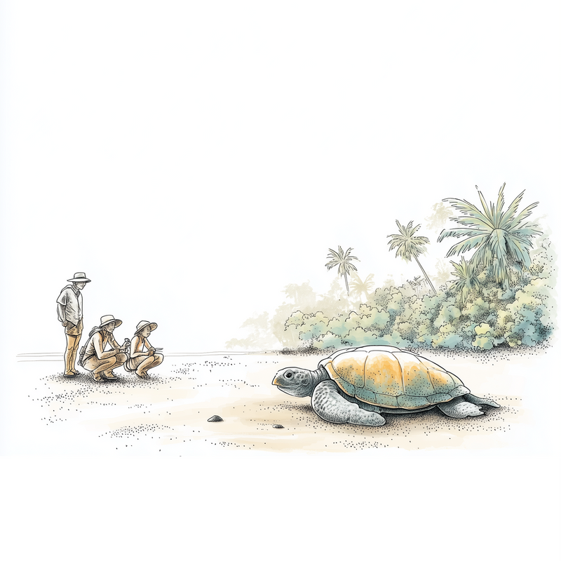 Illustration of a turtle on a beach with people observing it; Osaviva graphic