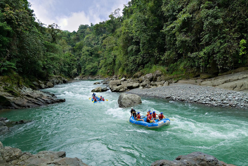 Two rafts with people navigating a river surrounded by lush greenery; Pacuare whitewater rafting Costa Rica