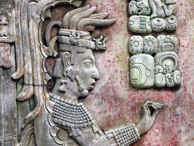Stone carving of an ancient civilization figure with intricate details on a textured wall. Palenque Mayan history, Mexico.