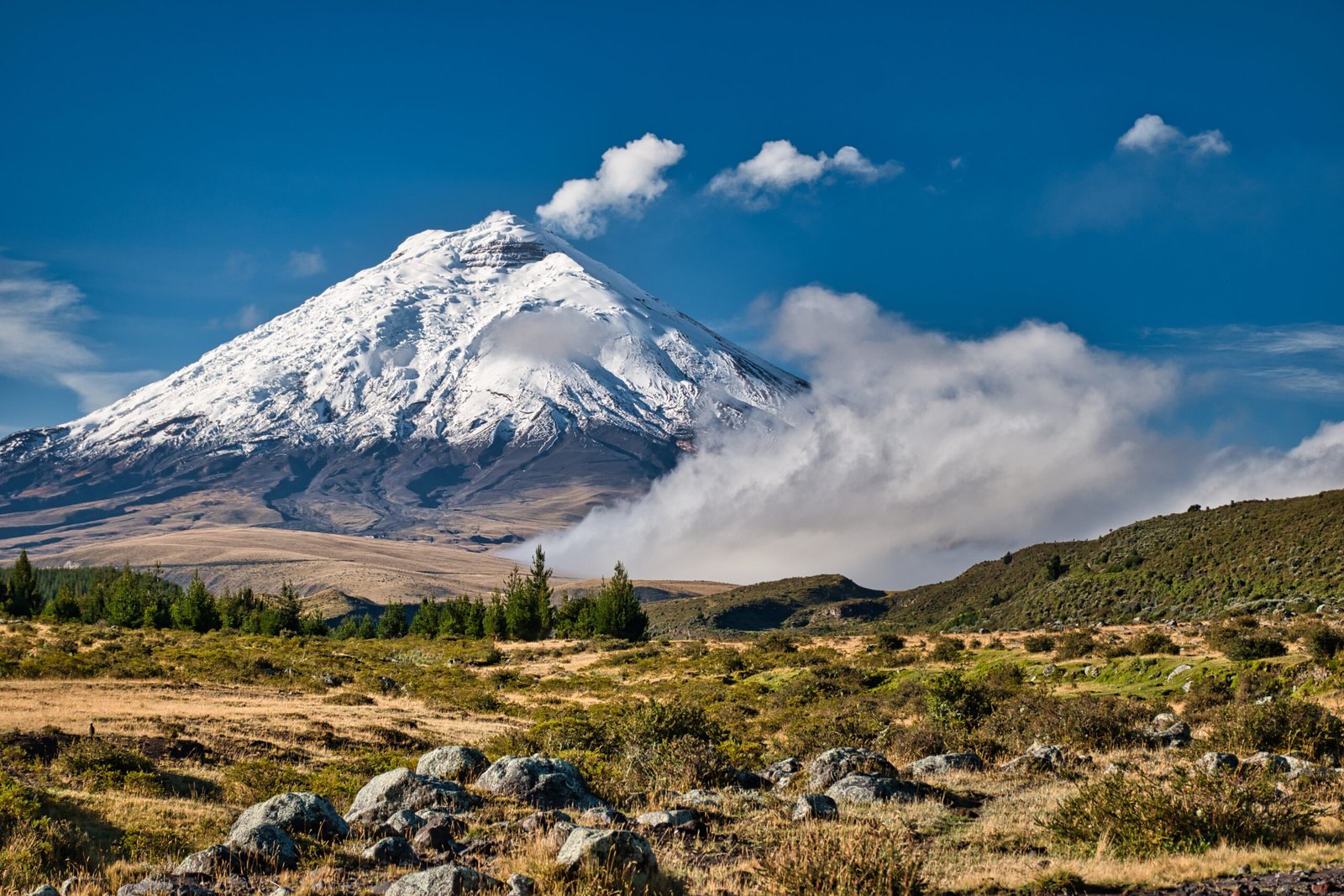 Cotopaxi volcano with a distinct plume of smoke
