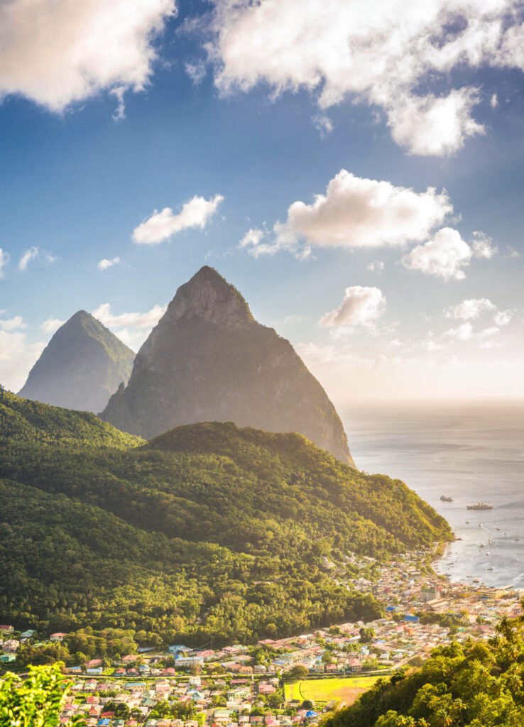The Pitons in St. Lucia – Iconic Volcanic Peaks Rising from the Caribbean Coastline